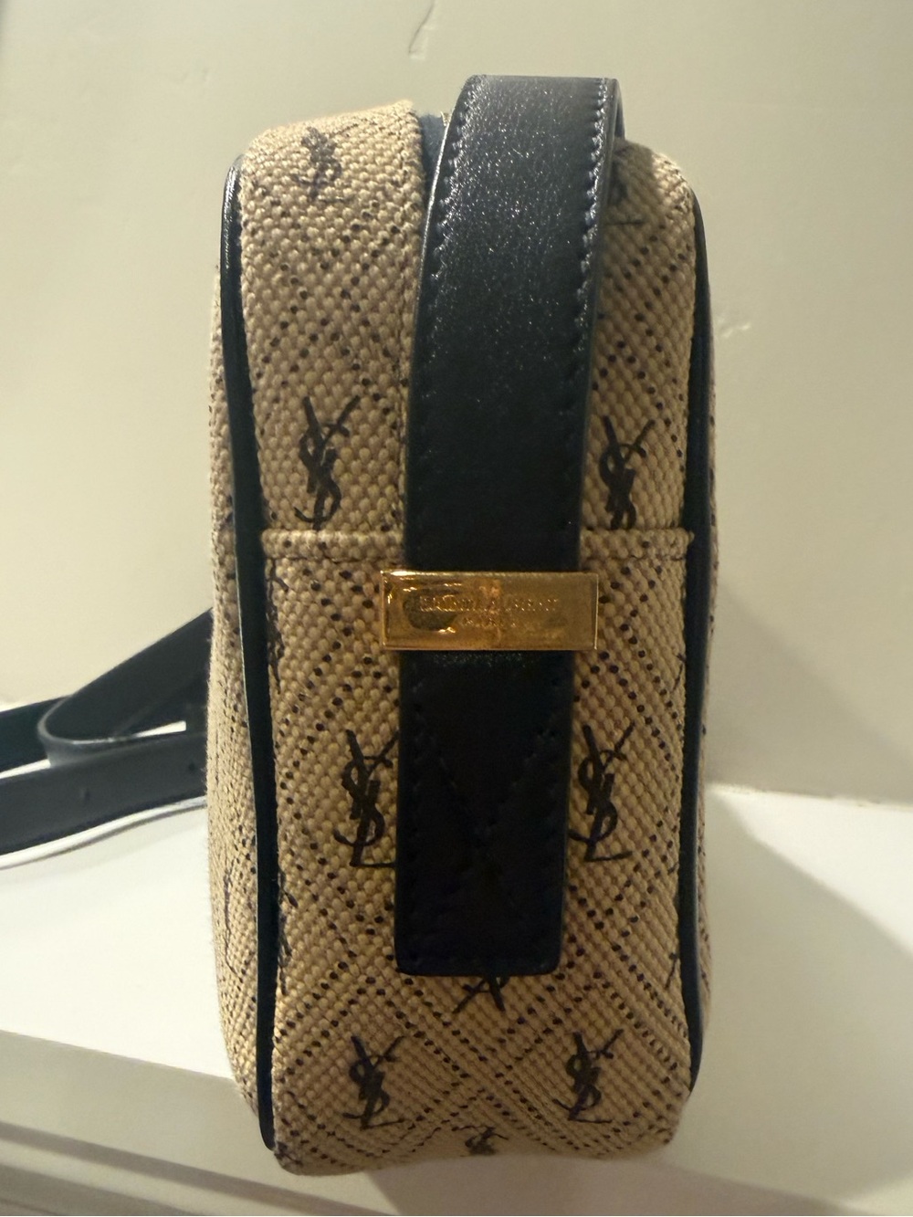 Yves Saint Laurent Beige Monogram All Over Canvas Camera Bag Crossbody Dark Navy - Picture 4 of 13